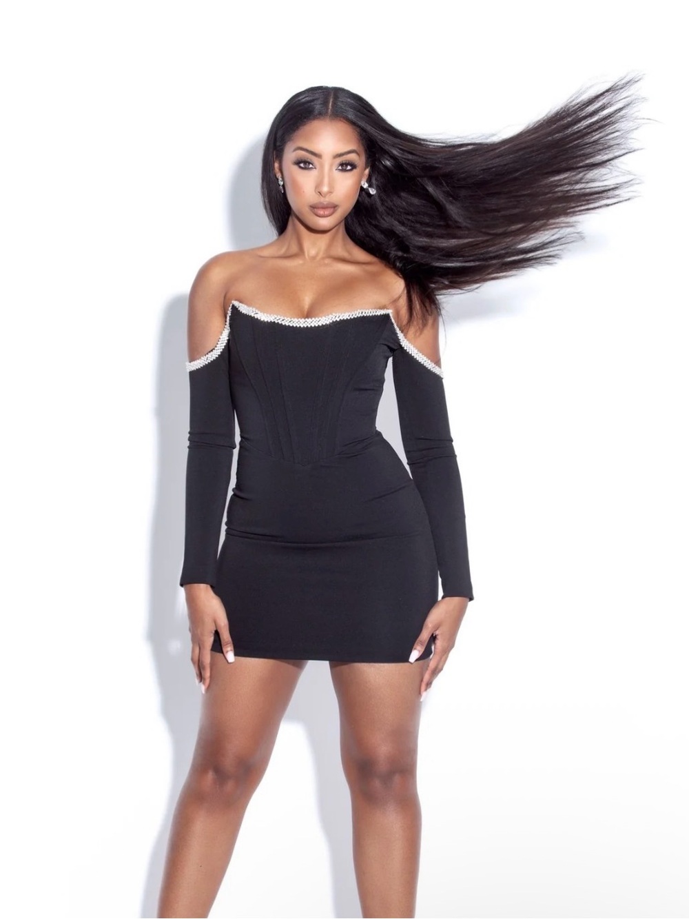 Miss Circle Annika Black Off Shoulder Long Sleeve Corset Dress w/ Crystal trim